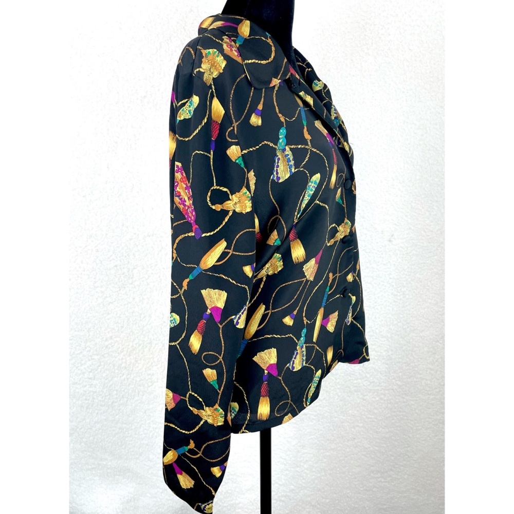 (VTG) CHRISTIE & JILL • Black Tassel Print Long Sleeve Blouse, 8 - Picture 6 of 15